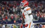 Nov 27, 2025; Arlington, Texas, USA; Kansas City Chiefs wide receiver Rashee Rice (4) celebrates after a touchdown against the Dallas Cowboys during the fourth quarter at AT&T Stadium. Mandatory Credit: Kevin Jairaj-Imagn Images