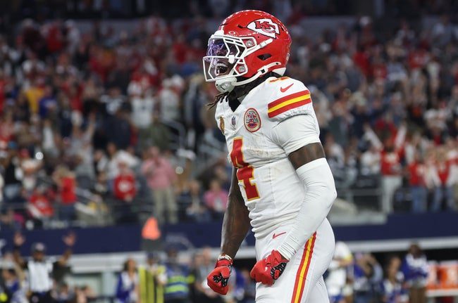 Nov 27, 2025; Arlington, Texas, USA; Kansas City Chiefs wide receiver Rashee Rice (4) celebrates after a touchdown against the Dallas Cowboys during the fourth quarter at AT&T Stadium. Mandatory Credit: Kevin Jairaj-Imagn Images
