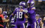 Dec 14, 2025; Arlington, Texas, USA; Minnesota Vikings wide receiver Justin Jefferson (18) celebrates with quarterback J.J. McCarthy (9) after a Vikings touchdown during the second half against the Dallas Cowboys at AT&T Stadium. Mandatory Credit: Raymond Carlin III-Imagn Images
