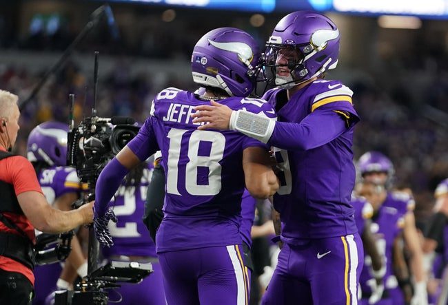 Dec 14, 2025; Arlington, Texas, USA; Minnesota Vikings wide receiver Justin Jefferson (18) celebrates with quarterback J.J. McCarthy (9) after a Vikings touchdown during the second half against the Dallas Cowboys at AT&T Stadium. Mandatory Credit: Raymond Carlin III-Imagn Images