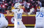 Dec 14, 2025; Kansas City, Missouri, USA; Los Angeles Chargers quarterback Justin Herbert (10) passes against the Kansas City Chiefs during the second quarter at GEHA Field at Arrowhead Stadium. Mandatory Credit: Denny Medley-Imagn Images