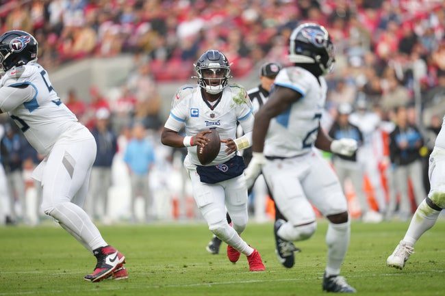 Dec 14, 2025; Santa Clara, California, USA; Tennessee Titans quarterback Cam Ward (1) runs with the ball during the second quarter against the San Francisco 49ers at Levi's Stadium. Mandatory Credit: Cary Edmondson-Imagn Images