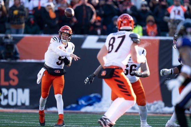 Cincinnati Bengals quarterback Joe Burrow (9) throws a pass in the second quarter of the NFL football game between Baltimore Ravens and Cincinnati Bengals at Paycor Stadium in Cincinnati on Dec. 14, 2025.