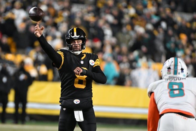 Dec 15, 2025; Pittsburgh, Pennsylvania, USA; Pittsburgh Steelers quarterback Aaron Rodgers (8) throws in the second quarter against the Miami Dolphins at Acrisure Stadium. Mandatory Credit: Barry Reeger-Imagn Images