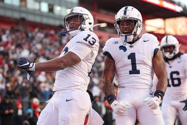 Nov 29, 2025; Piscataway, New Jersey, USA; Penn State Nittany Lions running back Kaytron Allen (13) reacts after a rushing touchdown during the first half against the Rutgers Scarlet Knights at SHI Stadium. Mandatory Credit: Vincent Carchietta-Imagn Images