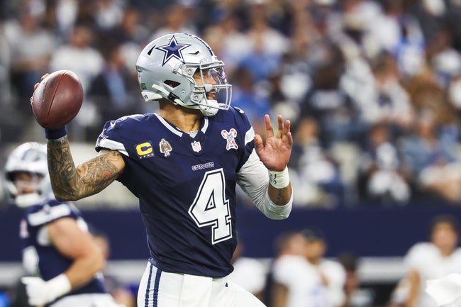 Dec 21, 2025; Arlington, Texas, USA; Dallas Cowboys quarterback Dak Prescott (4) passes against the Los Angeles Chargers during the first quarter at AT&T Stadium. Mandatory Credit: Kevin Jairaj-Imagn Images
