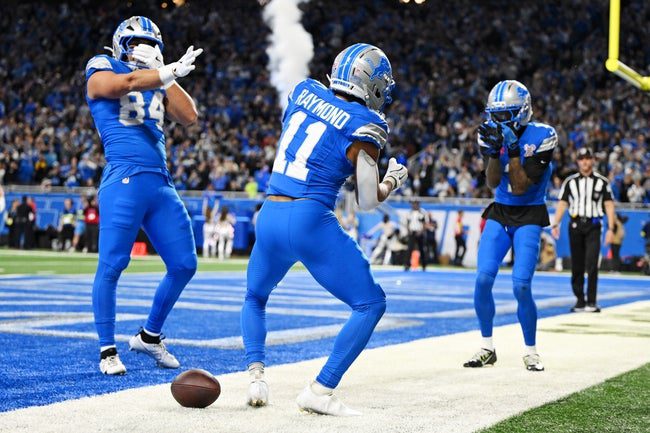 Dec 21, 2025; Detroit, Michigan, USA; Detroit Lions wide receiver Kalif Raymond (11) celebrates after scoring a touchdown during the fourth quarter against the Pittsburgh Steelers at Ford Field. Mandatory Credit: Lon Horwedel-Imagn Images