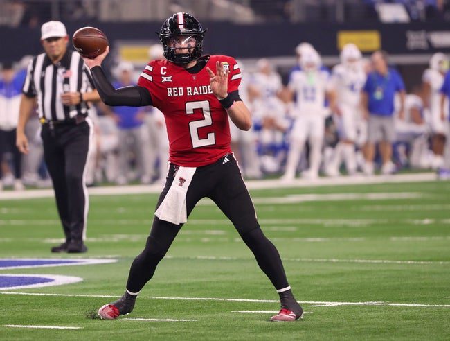 Texas Tech's Behren Morton looks to pass against BYU during the Big 12 Championship football game, Saturday, Nov. 6, 2025, at AT&T Stadium in Arlington.