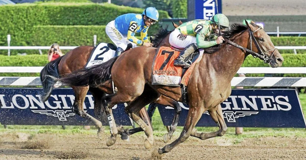 Thoroughbred horses racing down the stretch with jockeys in colorful silks for Friday horse racing picks across Gulfstream, Saratoga, Santa Anita, and Woodbine