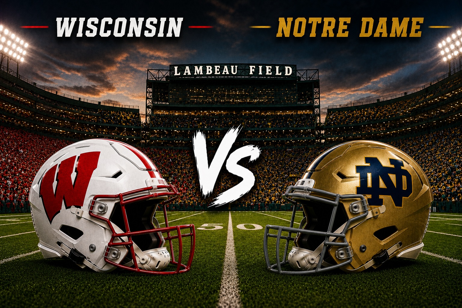 Notre Dame vs Wisconsin College Football Pick at Lambeau Field Notre Dame Fighting Irish vs Wisconsin Badgers college football matchup graphic at Lambeau Field pick and analysis