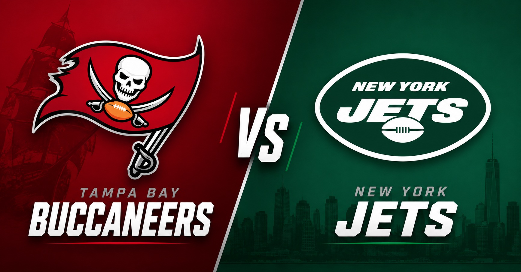 Tampa Bay Buccaneers at New York Jets NFL preseason Week 1 matchup graphic with spread pick and analysis from Joe Jensen