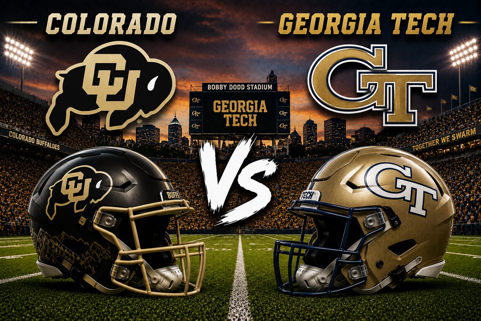 Colorado at Georgia Tech College Football Season Opener Pick Colorado Buffaloes at Georgia Tech Yellow Jackets college football season opener matchup graphic with spread pick and analysis from Joe Jensen