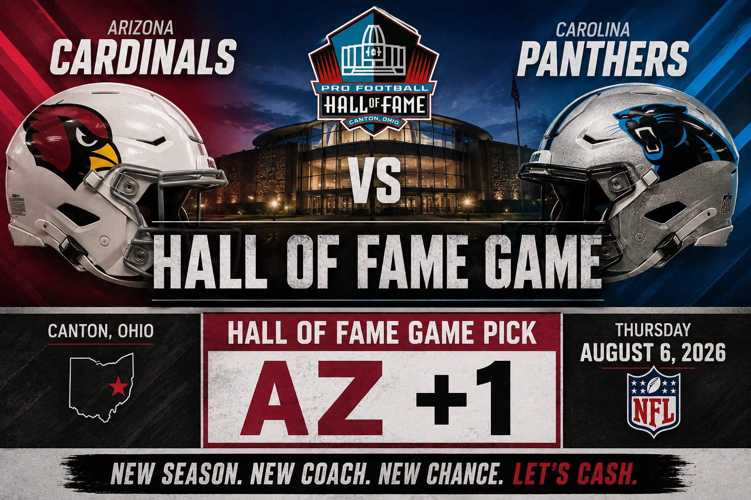 Arizona Cardinals at Carolina Panthers NFL Hall of Fame Game matchup graphic with spread pick and analysis from RBD