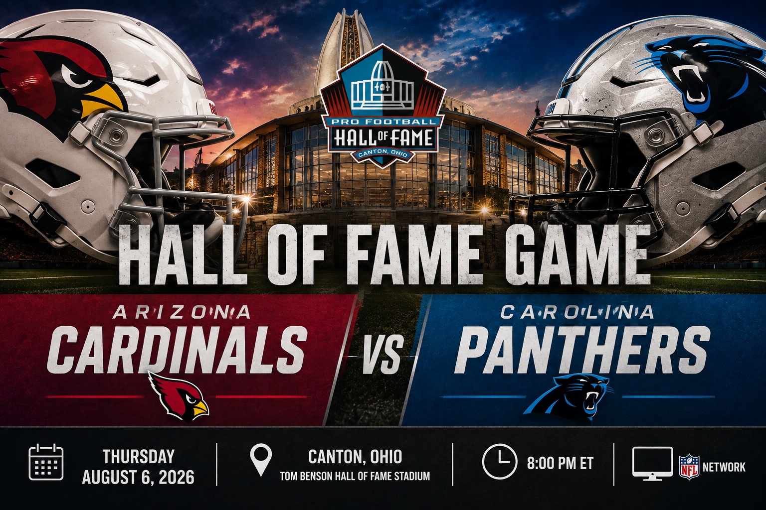 Arizona Cardinals at Carolina Panthers NFL Hall of Fame Game matchup graphic with spread pick and analysis from RBD