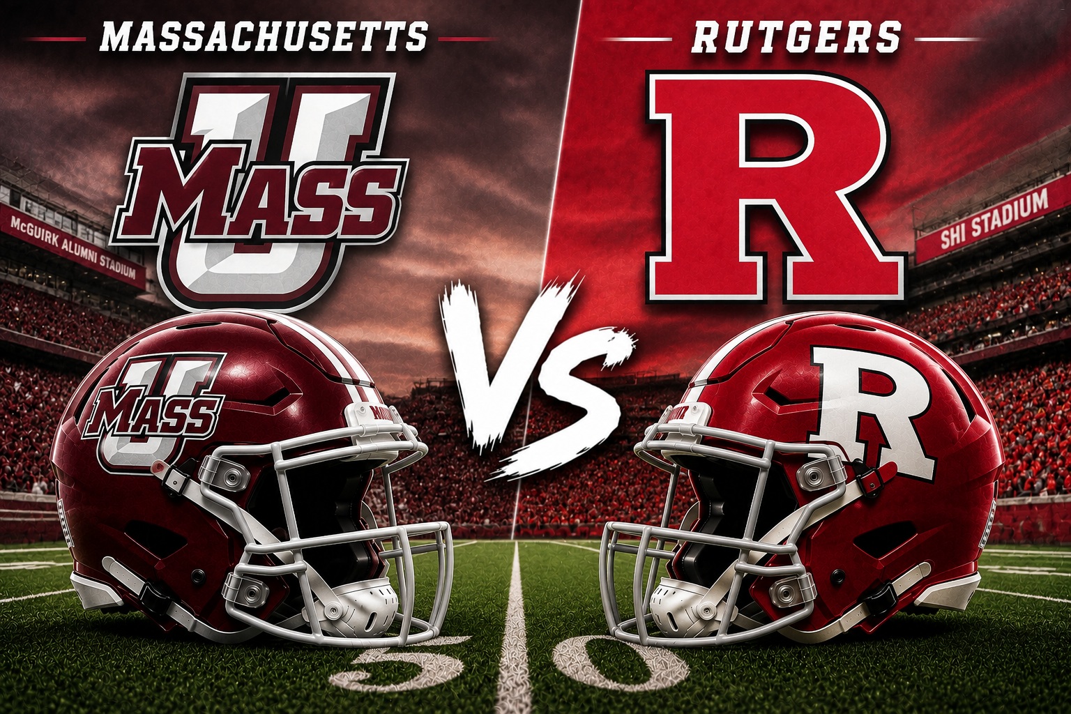 Massachusetts Minutemen at Rutgers Scarlet Knights college football season opener matchup graphic with total pick and analysis from Joe Jensen