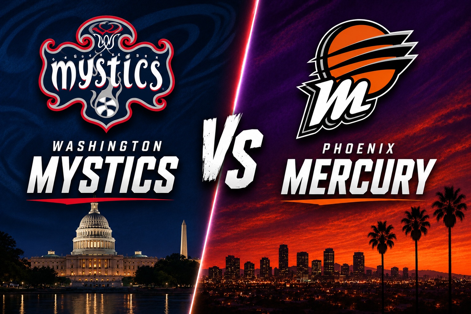 Washington Mystics at Phoenix Mercury WNBA matchup graphic with total pick and analysis from RBD