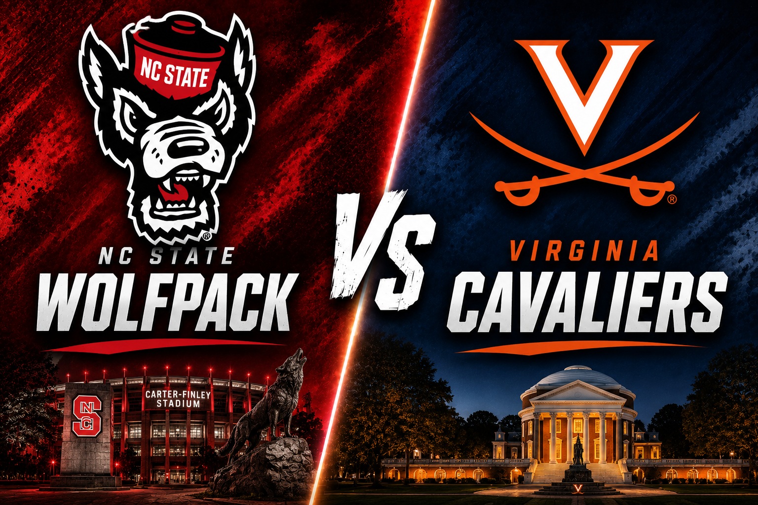 NC State Wolfpack at Virginia Cavaliers college football Week 0 ACC opener matchup graphic with spread pick and analysis from Joe Jensen