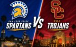 San Jose State Spartans at USC Trojans college football Week 0 matchup graphic with total pick and analysis from Joe Jensen