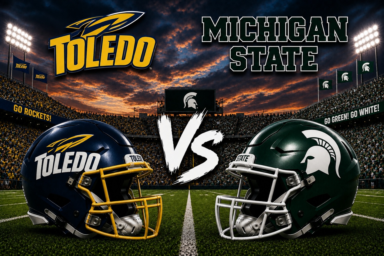 Toledo at Michigan State College Football Season Opener Pick Toledo Rockets at Michigan State Spartans college football season opener matchup graphic with total pick and analysis from Joe Jensen