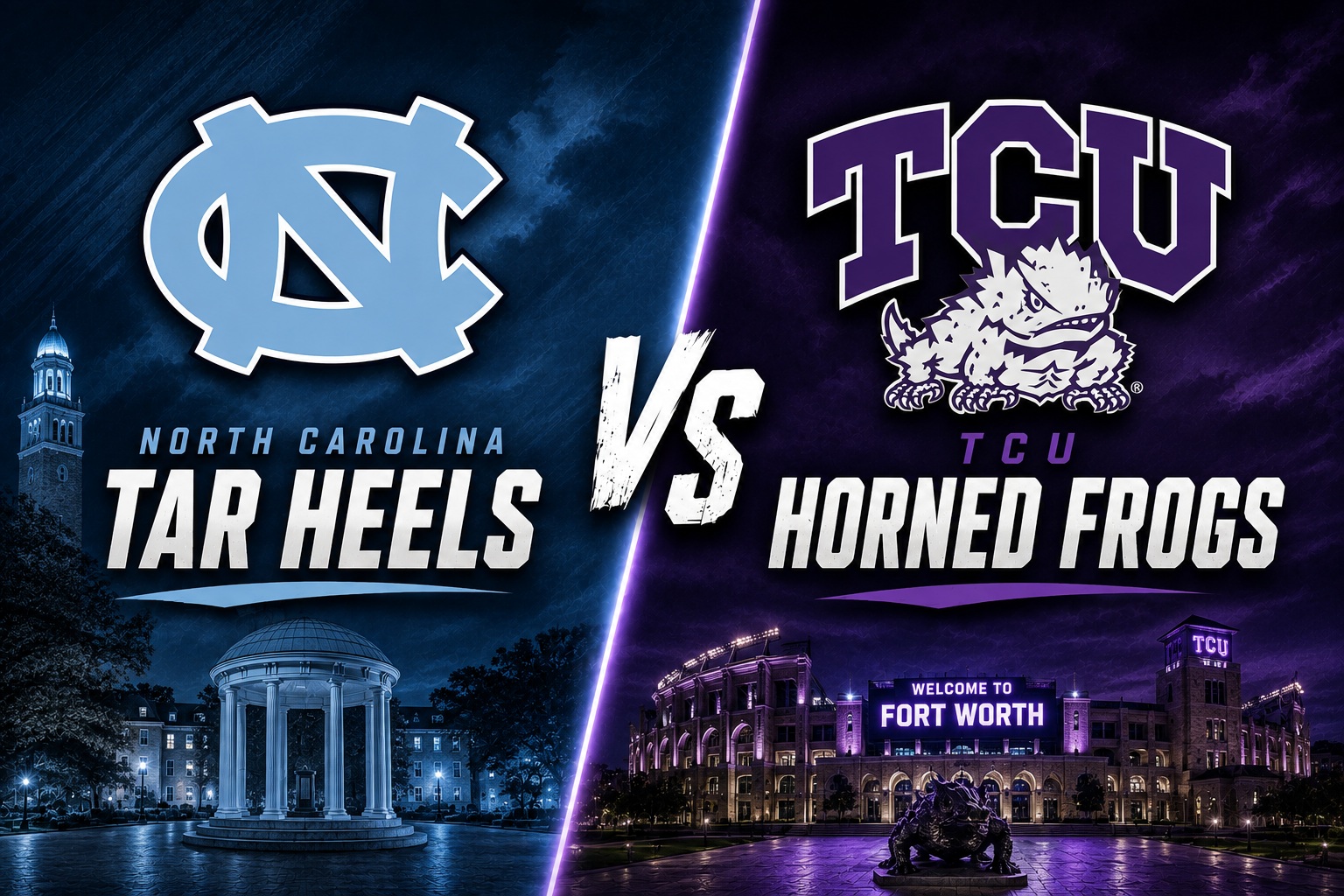 North Carolina Tar Heels at TCU Horned Frogs college football Aer Lingus Classic matchup graphic with spread pick and analysis from Joe Jensen