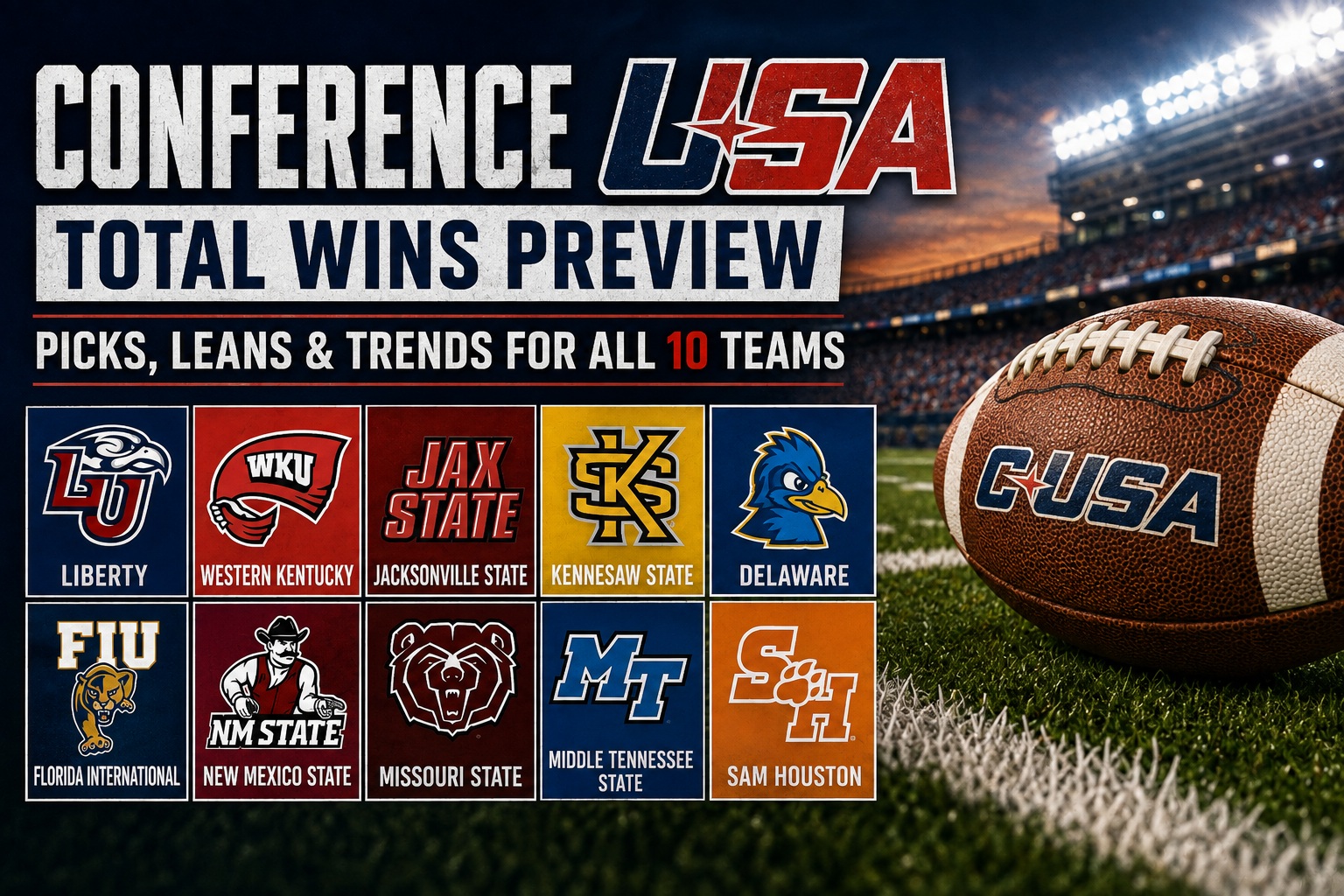 Conference USA 2026 college football total wins preview graphic with picks and trends from Mike Mann