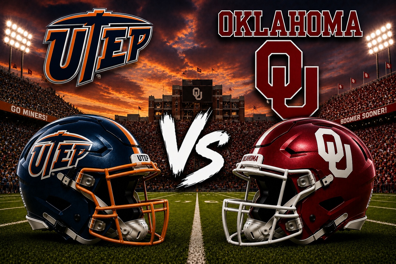 UTEP at Oklahoma College Football Season Opener Pick UTEP Miners at Oklahoma Sooners college football season opener matchup graphic with total pick and analysis from Joe Jensen