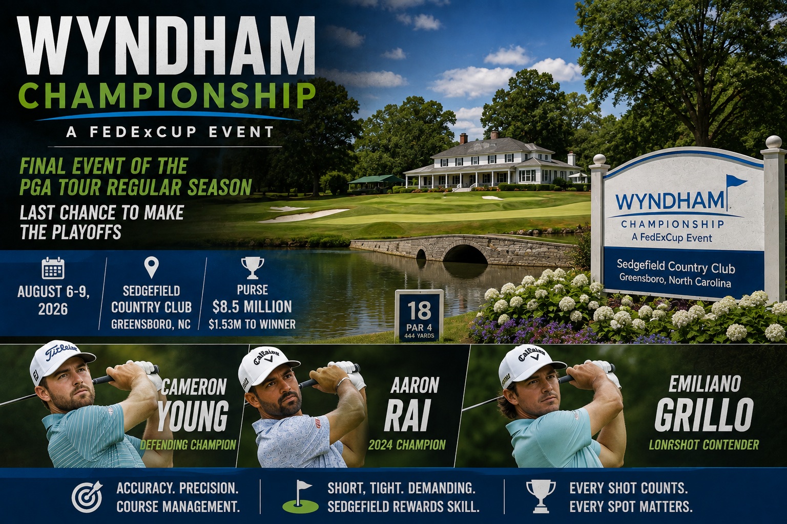 Wyndham Championship 2026 PGA Tour Picks Sedgefield Wyndham Championship 2026 PGA Tour graphic at Sedgefield Country Club with betting picks and analysis on Young, Rai, and Grillo