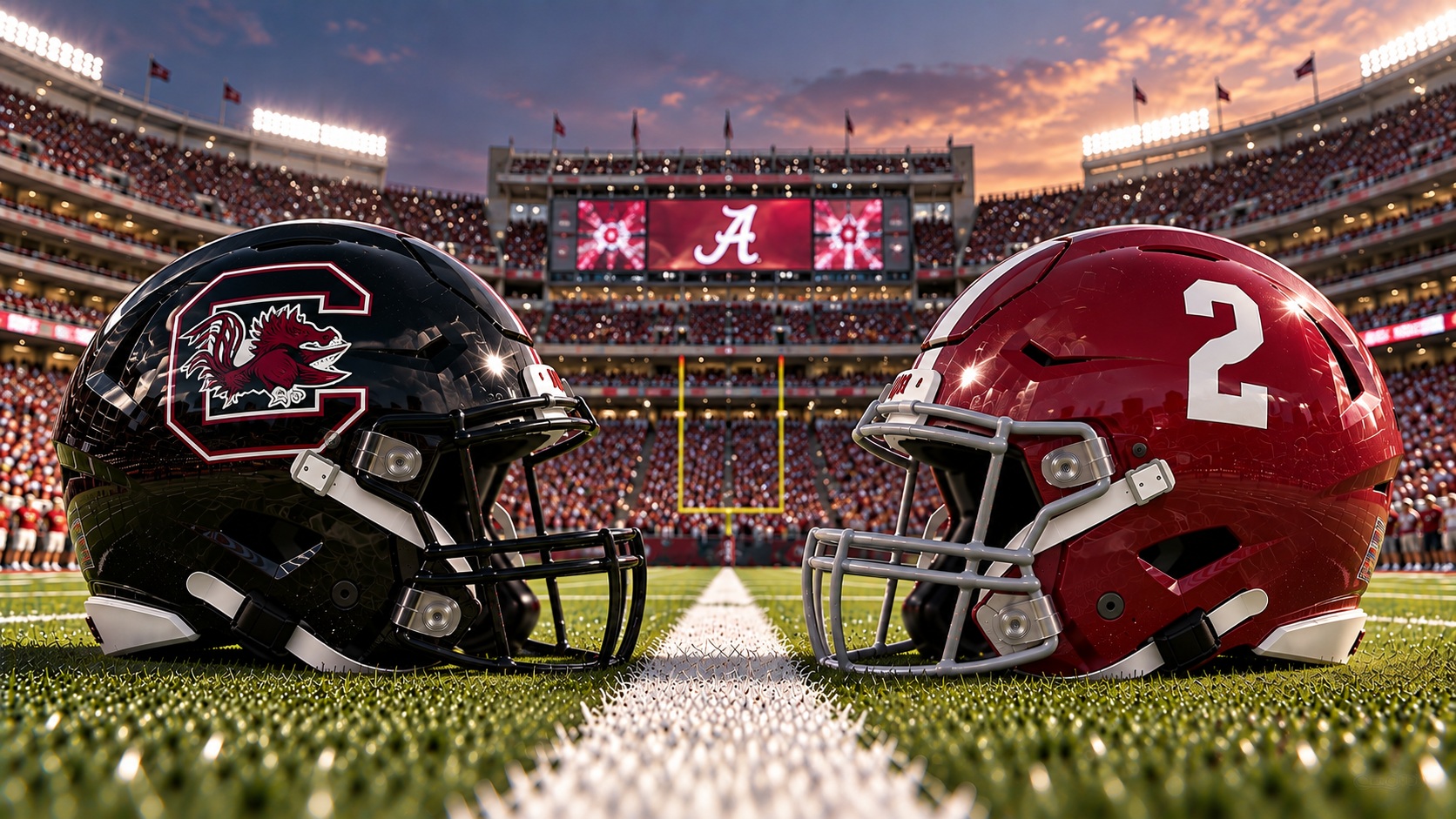 South Carolina Gamecocks at Alabama Crimson Tide college football SEC matchup graphic with spread pick and analysis from Joe Jensen
