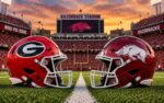 Georgia Bulldogs at Arkansas Razorbacks college football Week 3 matchup graphic with spread pick and analysis from Joe Jensen
