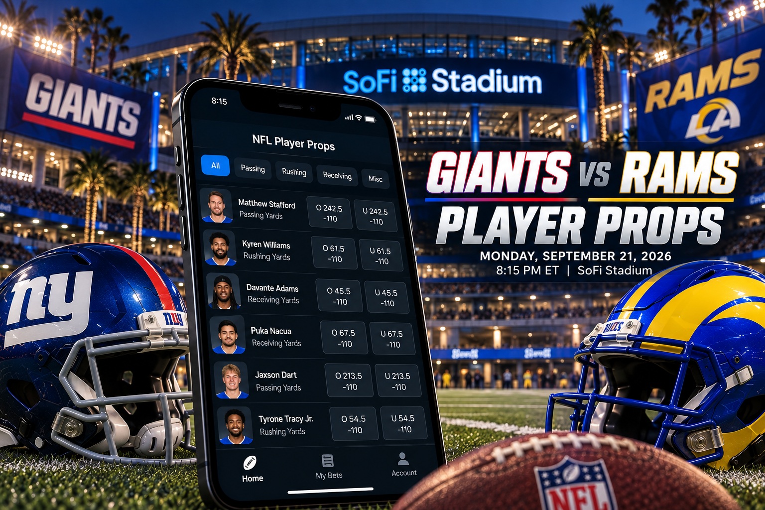 New York Giants at Los Angeles Rams Monday Night Football player props graphic with pick analysis from Joe Jensen