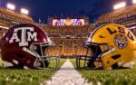 Texas A&M Aggies at LSU Tigers college football SEC matchup graphic with spread pick and analysis from Joe Jensen
