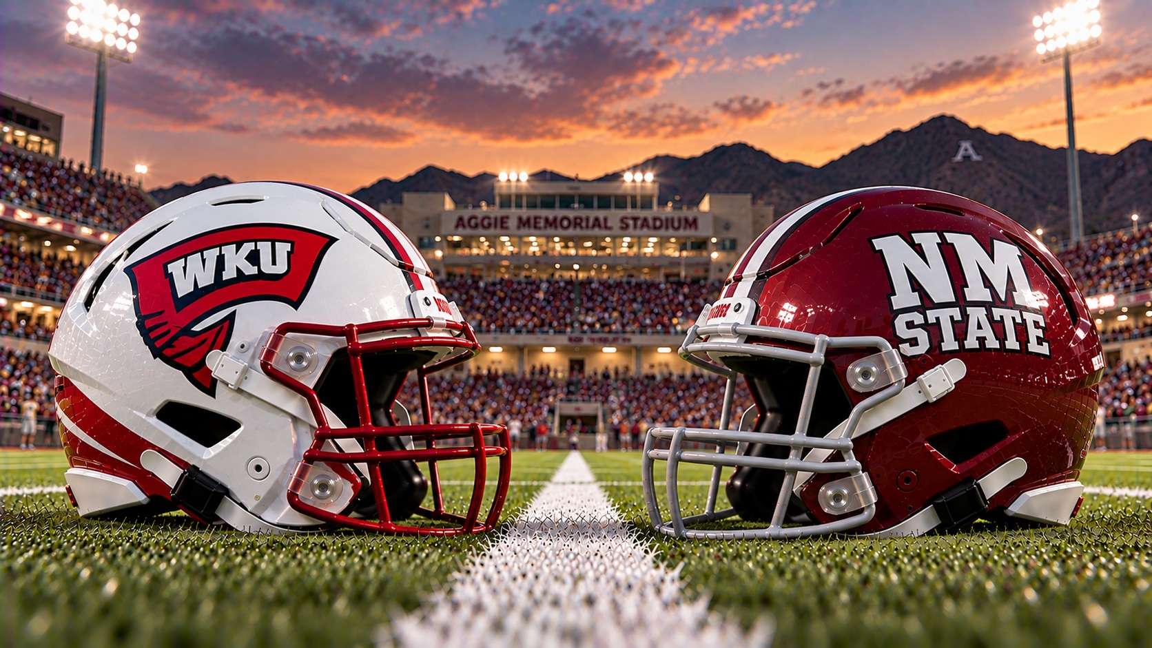 Western Kentucky Hilltoppers at New Mexico State Aggies college football Conference USA matchup graphic with spread pick and analysis from Joe Jensen