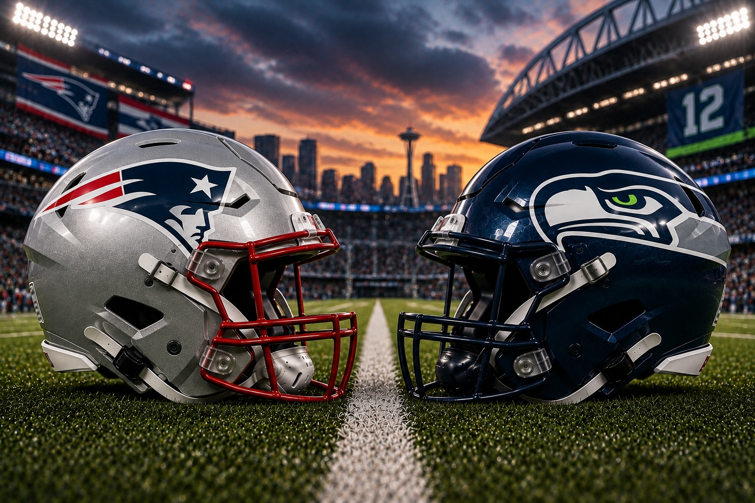 New England Patriots at Seattle Seahawks NFL Week 1 Pick New England Patriots at Seattle Seahawks NFL Week 1 season opener matchup graphic with spread pick and analysis from Joe Jensen