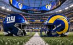New York Giants at Los Angeles Rams Monday Night Football matchup graphic with spread pick and analysis from RBD