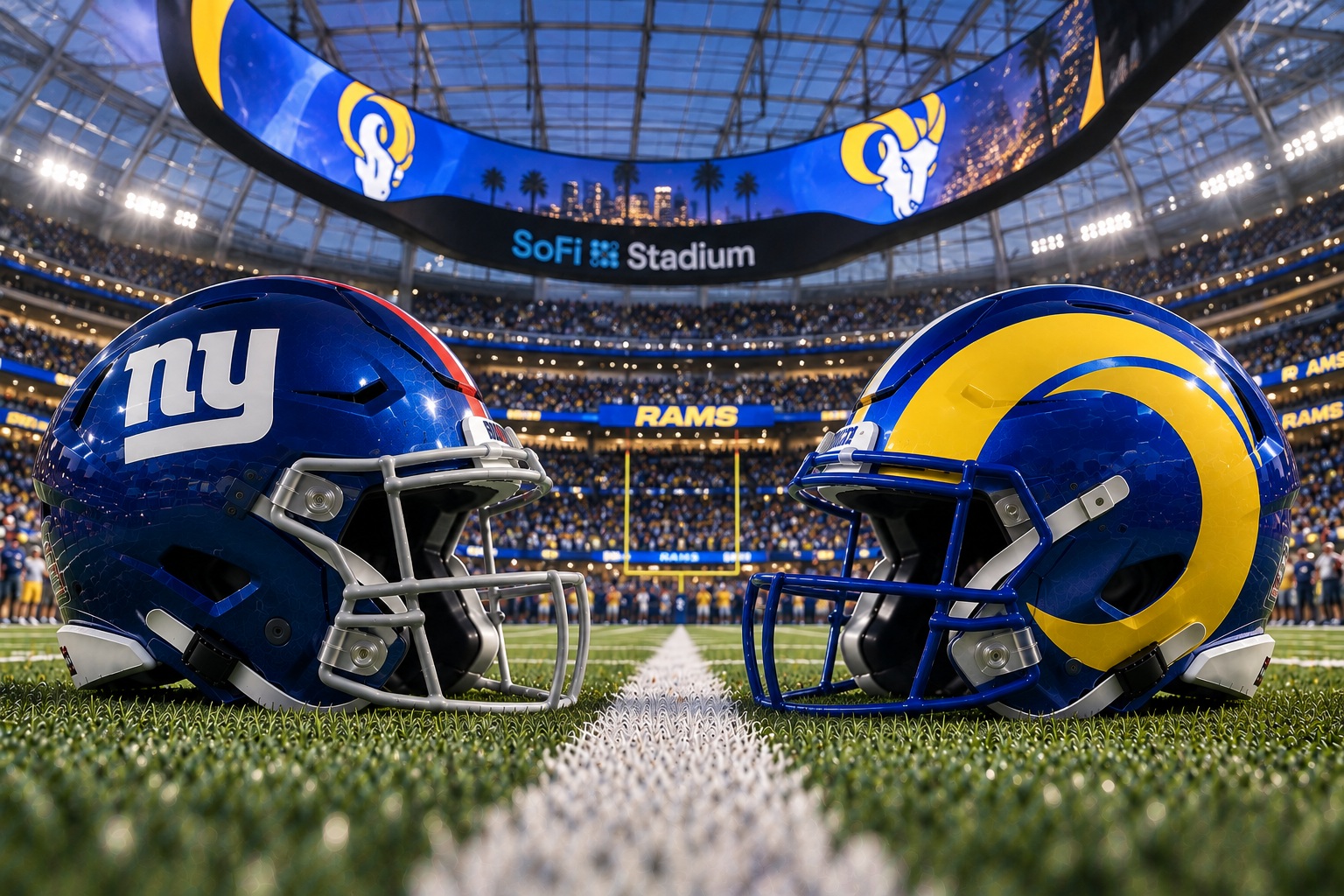 New York Giants at Los Angeles Rams Monday Night Football matchup graphic with spread pick and analysis from RBD