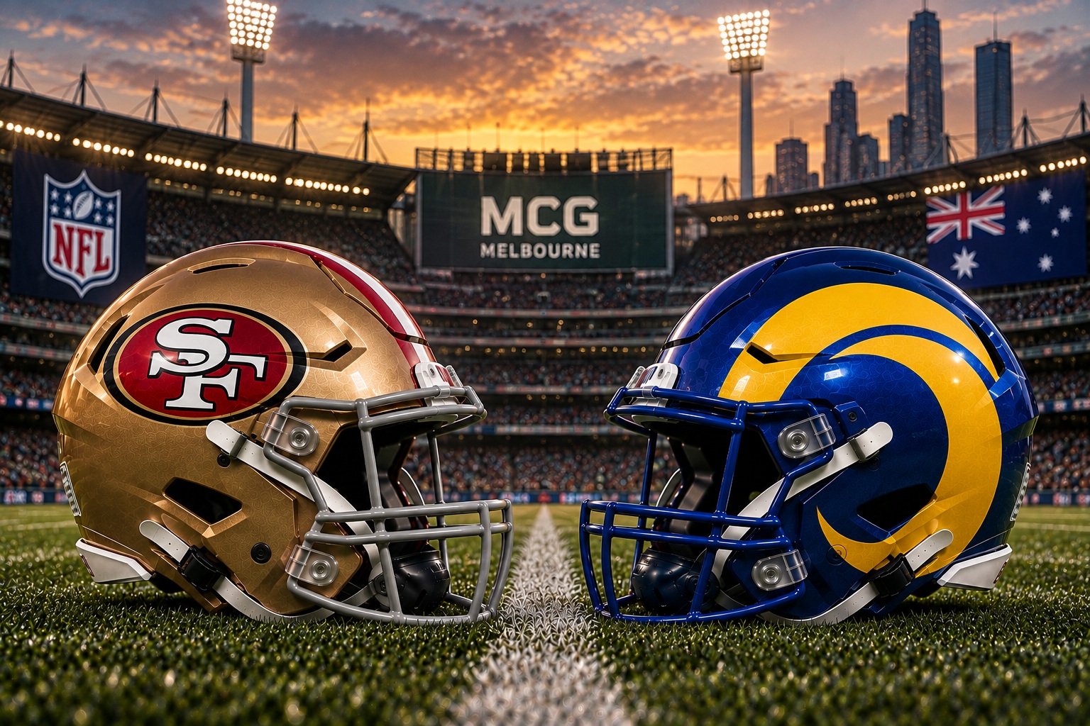 San Francisco 49ers vs Los Angeles Rams NFL Week 1 Melbourne Pick San Francisco 49ers vs Los Angeles Rams NFL Week 1 Melbourne matchup graphic with spread pick and analysis from Joe Jensen