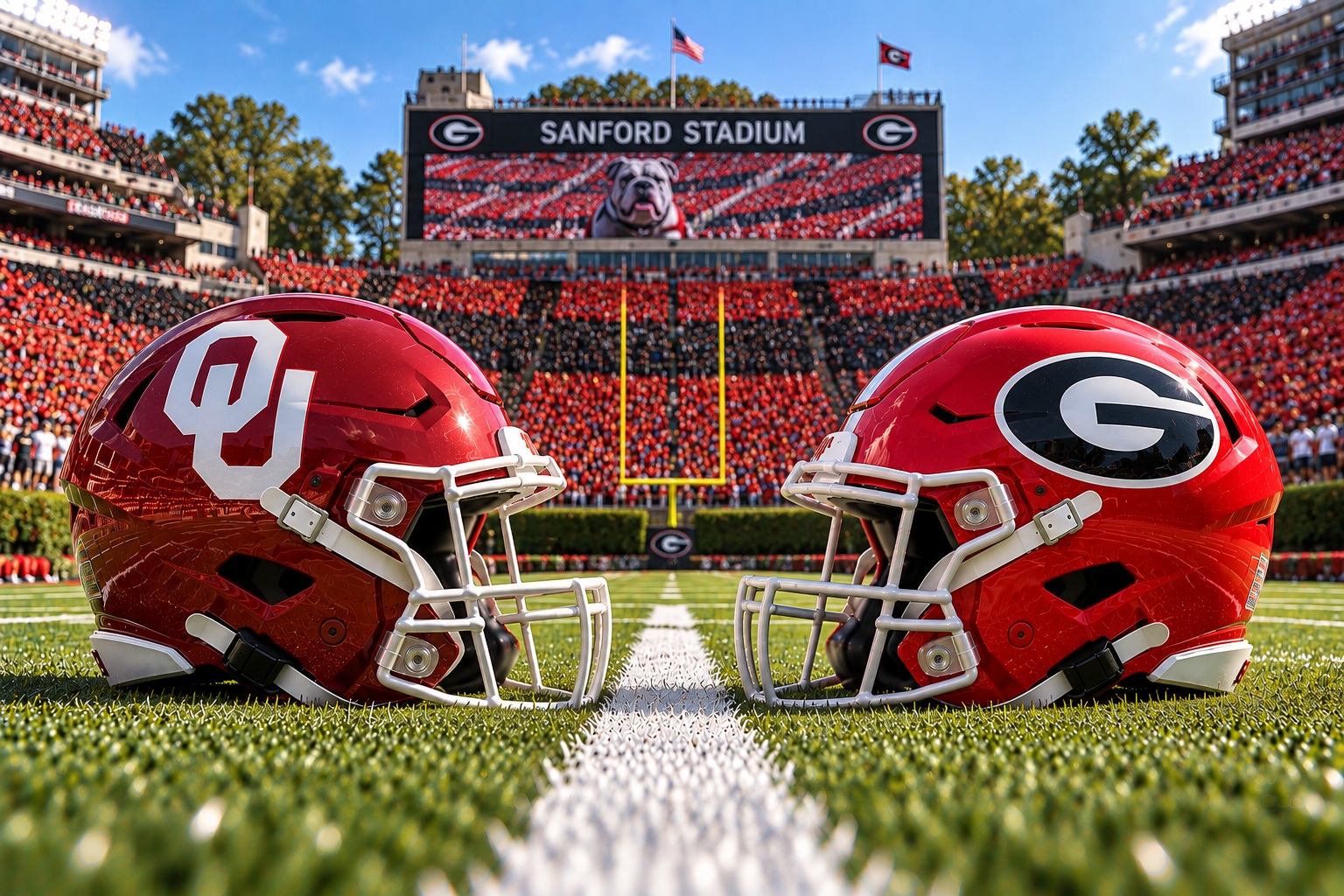 Oklahoma Sooners at Georgia Bulldogs college football SEC matchup graphic with spread pick and analysis from Joe Jensen