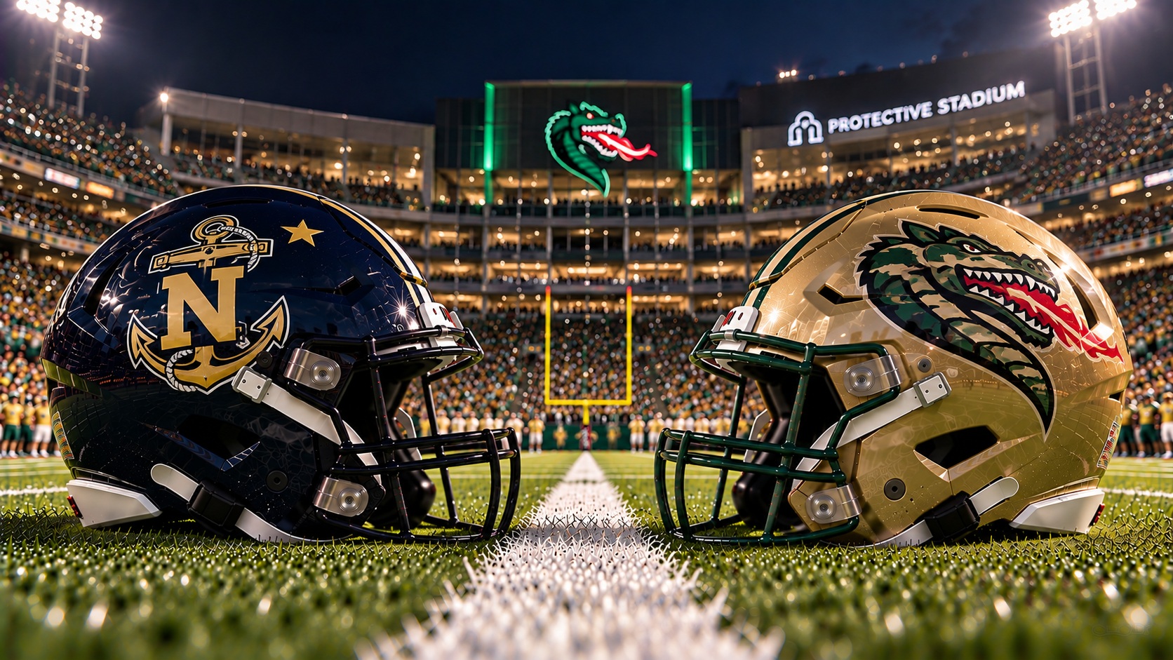 Navy Midshipmen at UAB Blazers Friday night college football matchup graphic with total pick and analysis from RBD