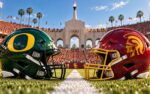 Oregon Ducks at USC Trojans Big Ten rivalry matchup graphic with spread pick and analysis from Joe Jensen