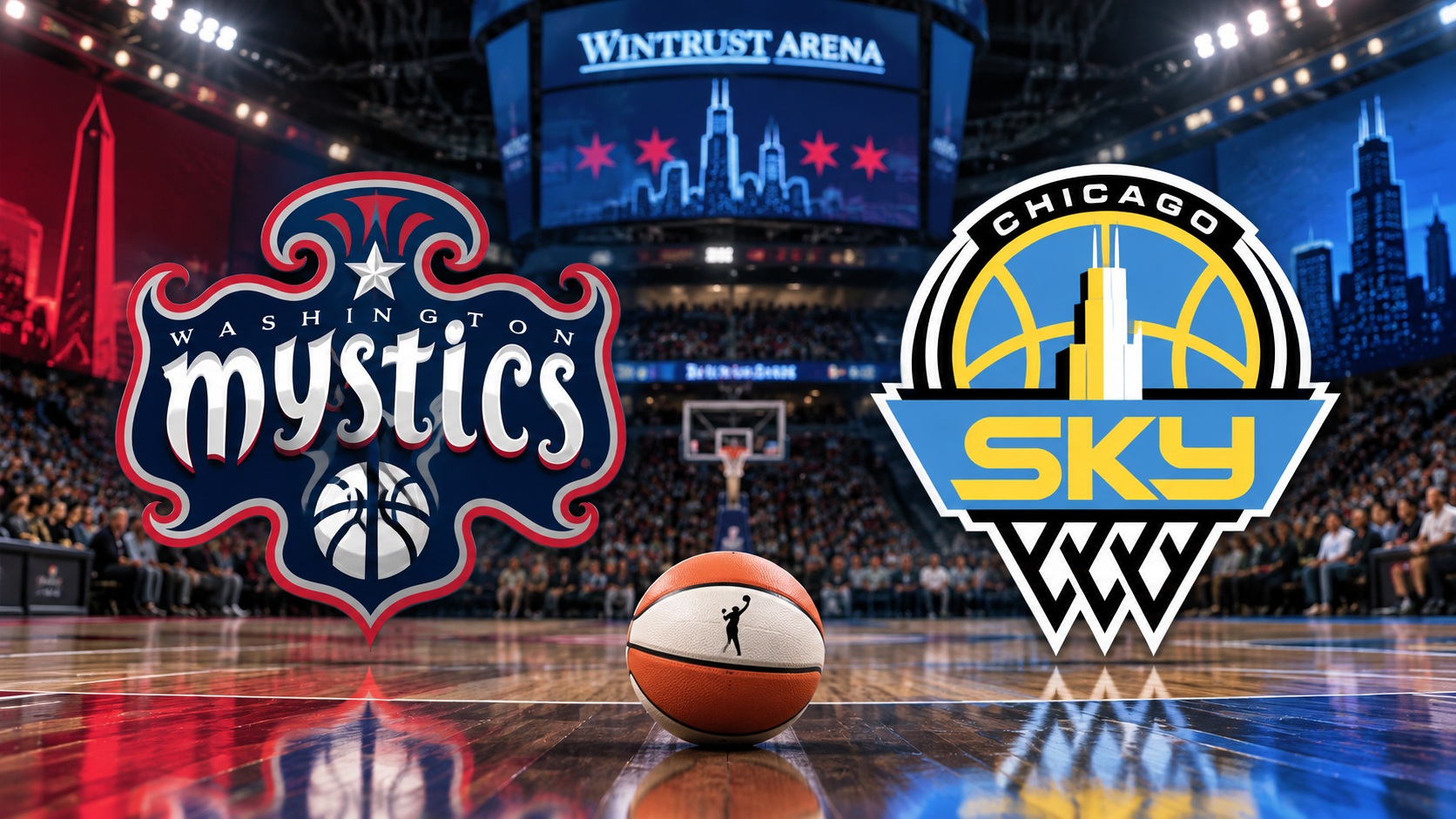 Washington Mystics at Chicago Sky WNBA Pick Washington Mystics at Chicago Sky WNBA matchup graphic with total pick and analysis from RBD