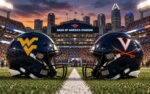 West Virginia Mountaineers vs Virginia Cavaliers Duke's Mayo Classic matchup graphic with spread pick and analysis from Joe Jensen