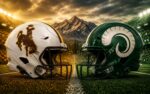 Wyoming Cowboys at Colorado State Rams college football Border War matchup graphic with spread pick and analysis from Joe Jensen
