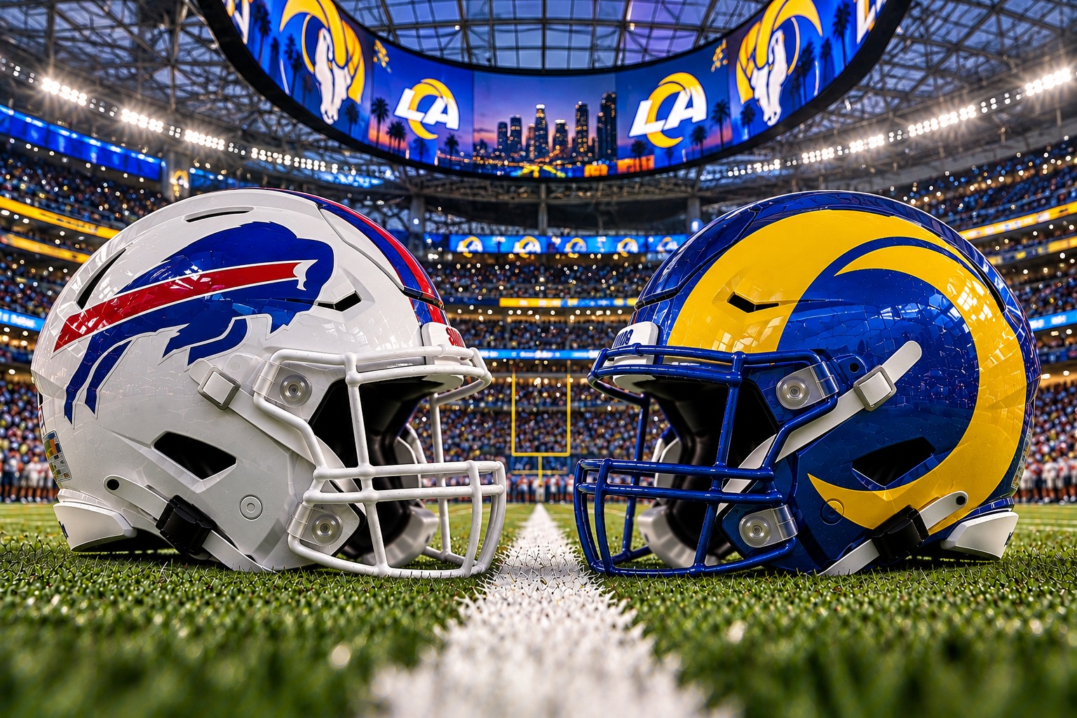 Buffalo Bills at Los Angeles Rams Week 5 Monday Night Football Super Bowl preview matchup graphic with total pick and analysis from Joe Jensen