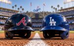 Atlanta Braves at Los Angeles Dodgers NL Division Series Game 1 matchup graphic with run line pick and analysis from Joe Jensen