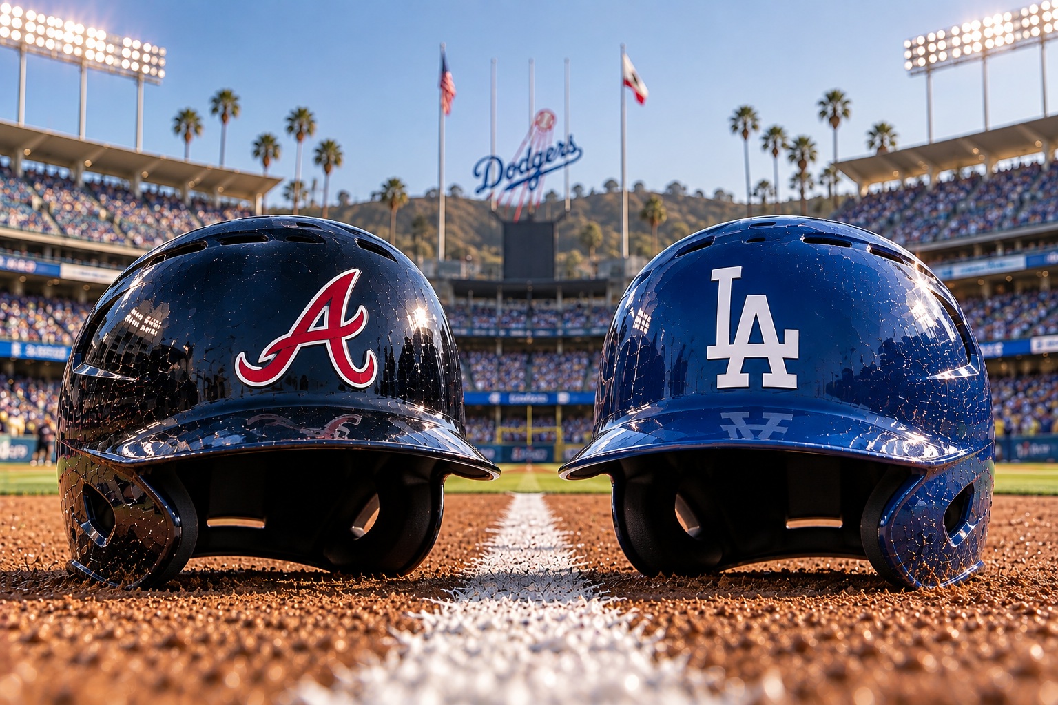 Braves and Dodgers Helmets at Dodger Stadium Atlanta Braves at Los Angeles Dodgers NL Division Series Game 1 matchup graphic with run line pick and analysis from Joe Jensen