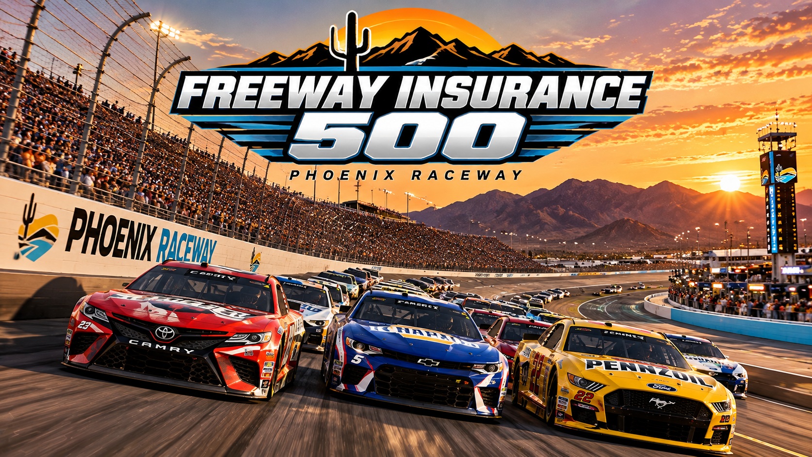 Freeway Insurance 500 NASCAR Phoenix Raceway Picks Freeway Insurance 500 NASCAR Cup Series Phoenix Raceway matchup graphic with winner, mid-range, and dark horse picks