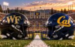 Demon Deacons and Golden Bears helmets meet at midfield of California Memorial Stadium in Berkeley under a dark Bay Area sky