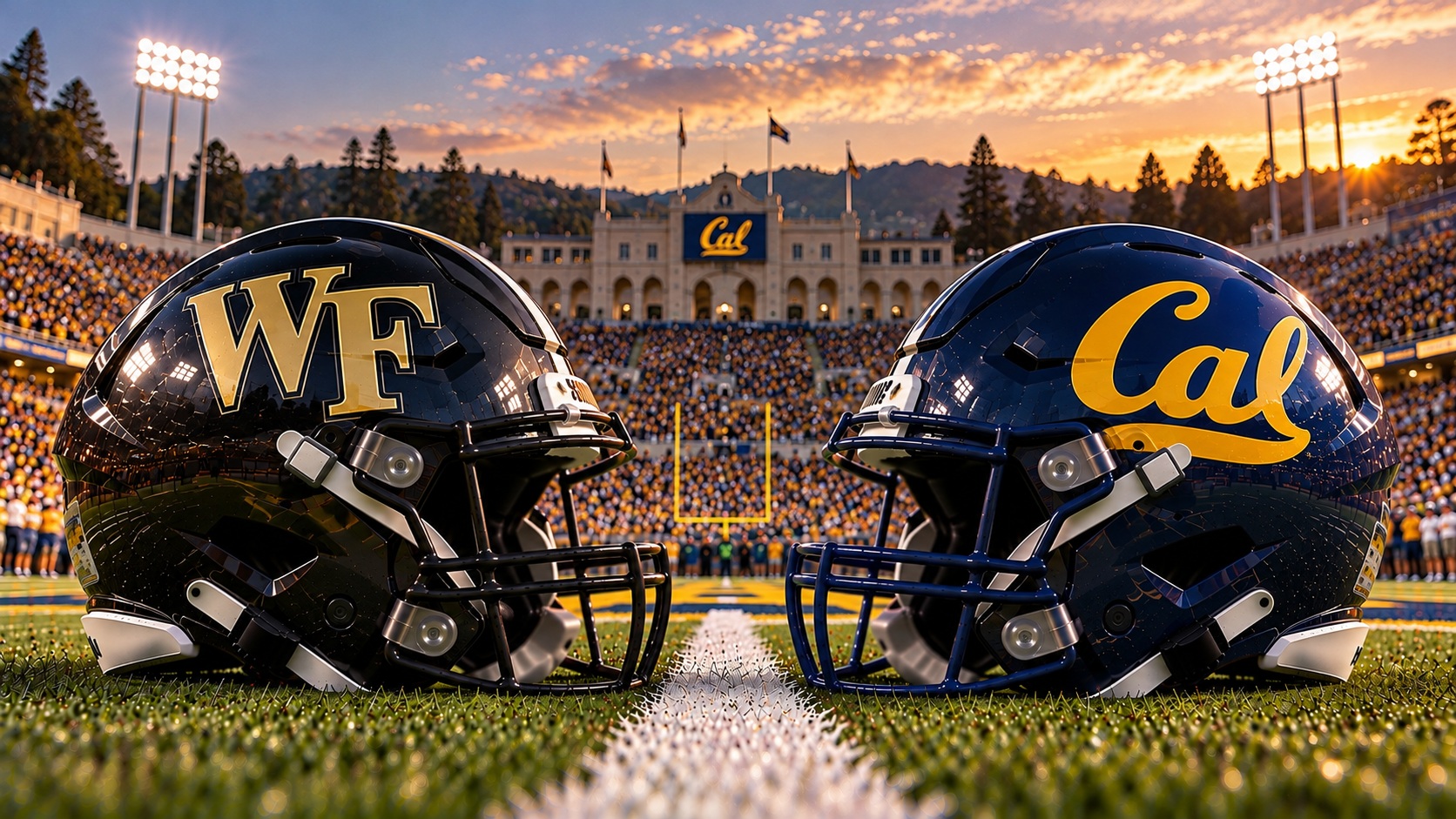 Wake Forest vs Cal Week 7 Prediction in Berkeley Demon Deacons and Golden Bears helmets meet at midfield of California Memorial Stadium in Berkeley under a dark Bay Area sky