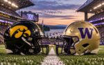 Iowa Hawkeyes at Washington Huskies college football Big Ten matchup graphic with spread pick and analysis from Joe Jensen
