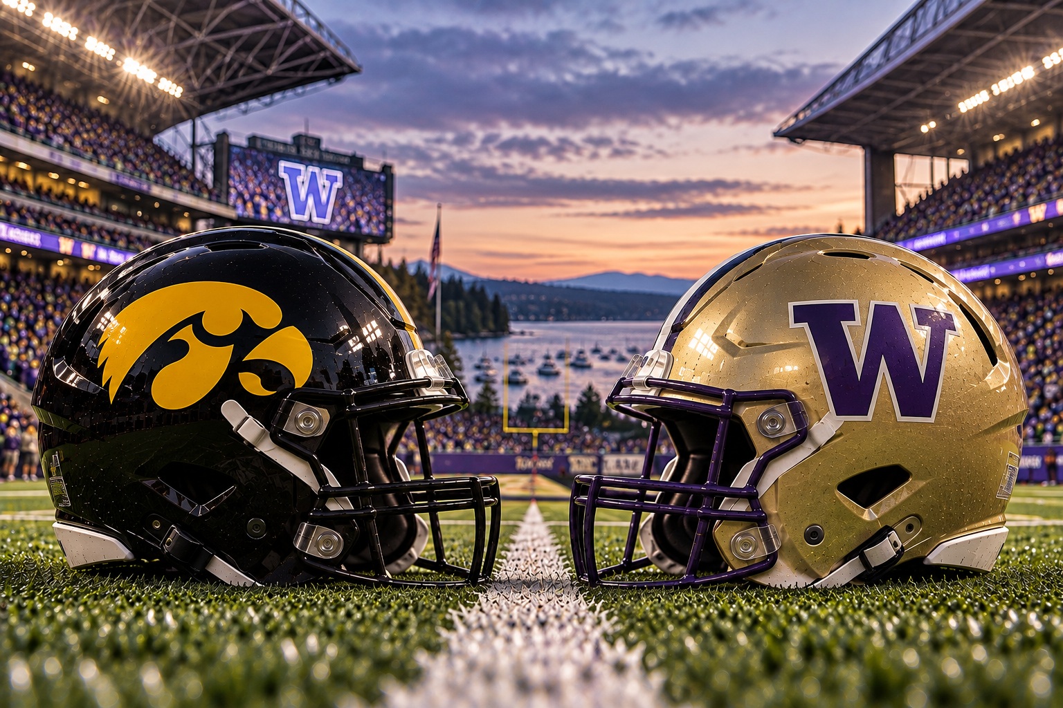 Iowa Hawkeyes at Washington Huskies college football Big Ten matchup graphic with spread pick and analysis from Joe Jensen